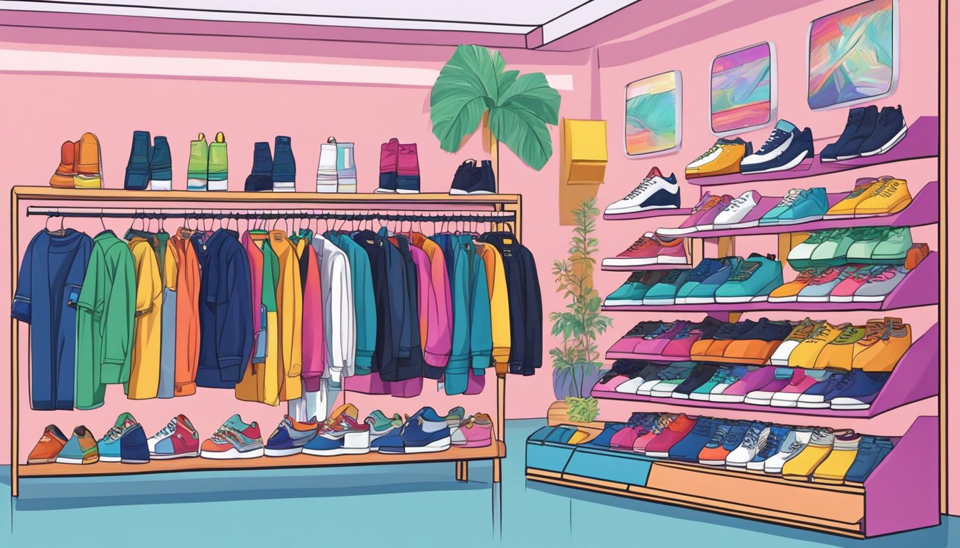 A colorful display of 90s fashion brands, including baggy jeans, crop tops, and platform sneakers, fills the shelves of a trendy boutique