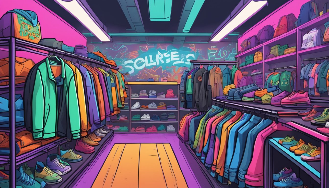 A cluttered 90s clothing store with racks of colorful, oversized jackets, baggy jeans, and graphic tees. Neon signs and graffiti decorate the walls