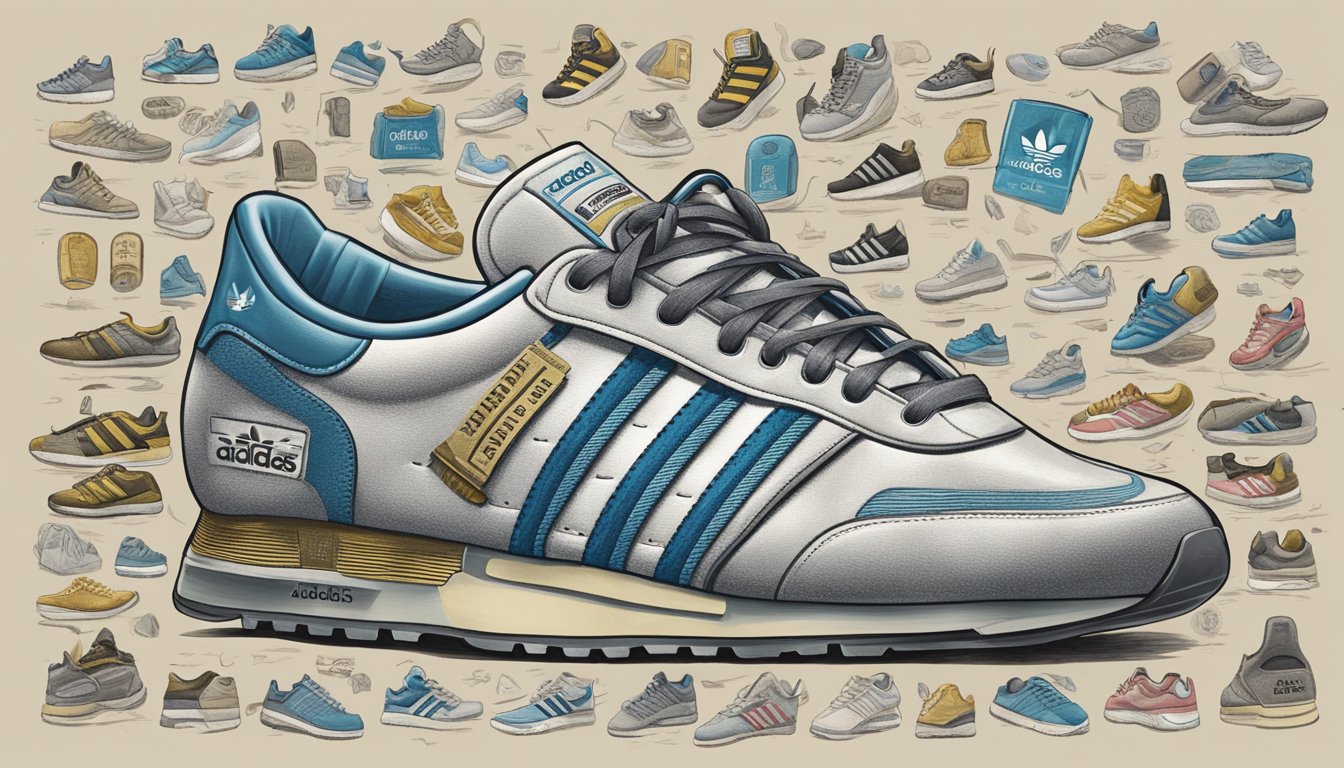Adidas logo on a vintage sneaker, surrounded by iconic brand slogans and historical milestones