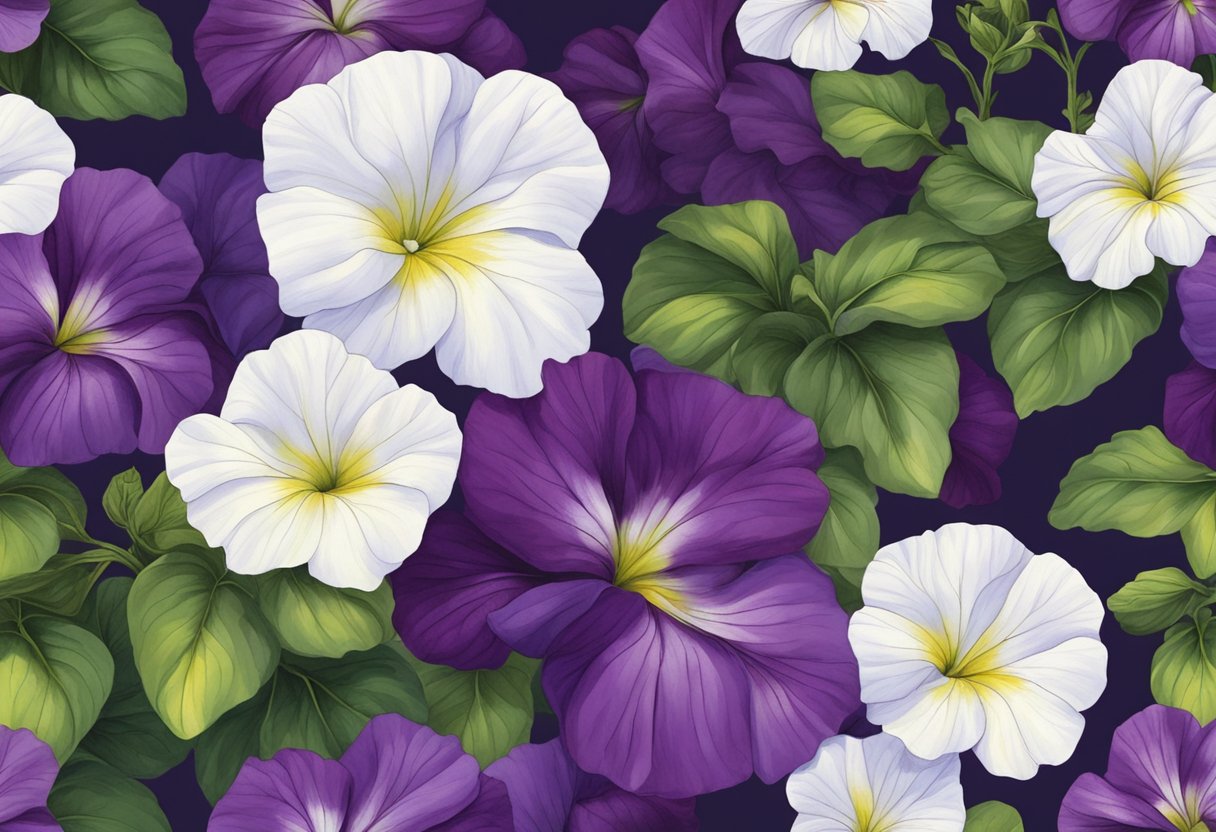 White spots dot the vibrant petunia petals, contrasting against the rich, deep purple of the flowers