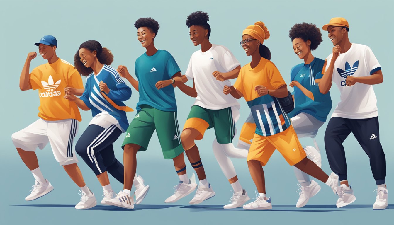A diverse group of people wearing adidas clothing and shoes, engaging in various cultural activities such as dancing, playing music, and participating in sports
