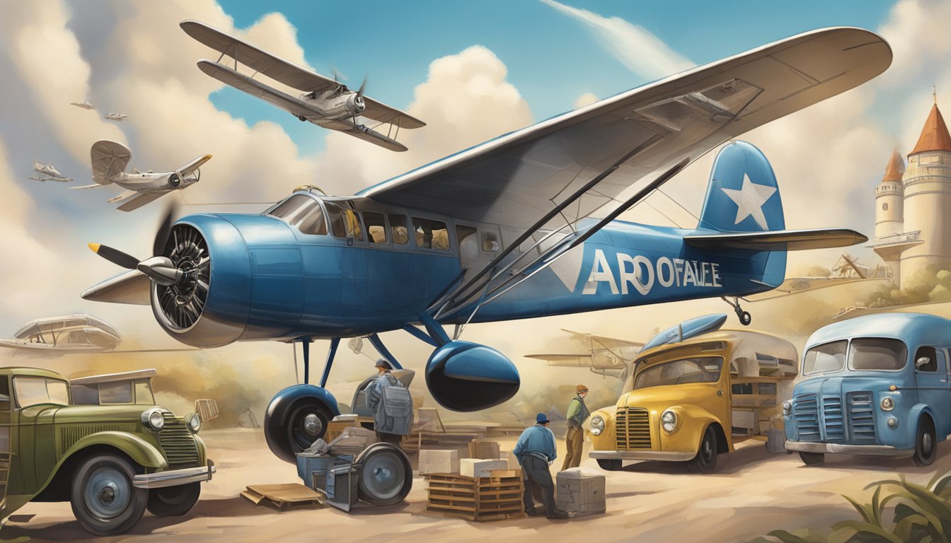 The Aeropostale logo is set against a backdrop of vintage airplanes and postal service imagery, evoking the brand's history in aviation and mail delivery