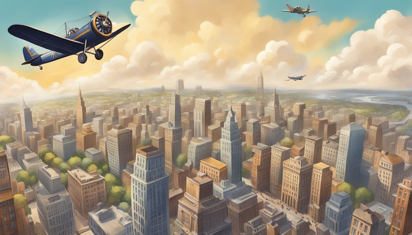 A vintage airplane soaring over a bustling city, with a mailbag dropping from the sky, symbolizing the founding and early years of Aeropostale brand history