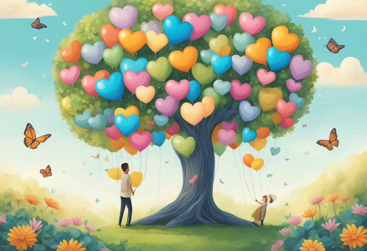 A heart-shaped balloon floats above a couple's intertwined initials carved into a tree, surrounded by blooming flowers and fluttering butterflies