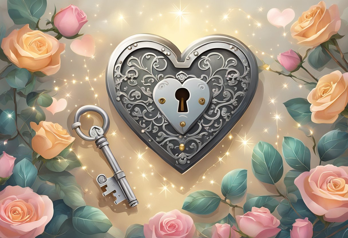 A heart-shaped lock and key with "love" engraved on them, surrounded by roses and twinkling fairy lights