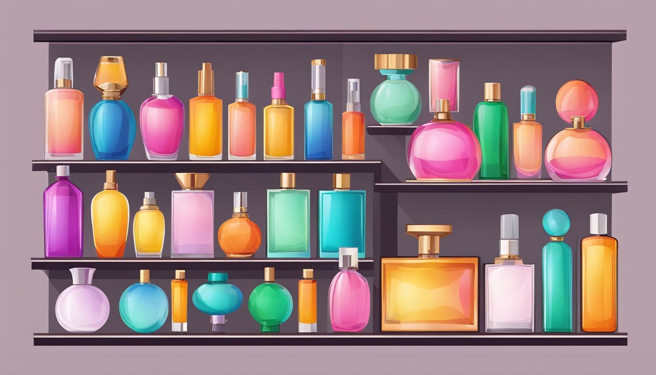 Colorful bottles of affordable perfume arranged on a shelf, with vibrant labels and varying shapes and sizes