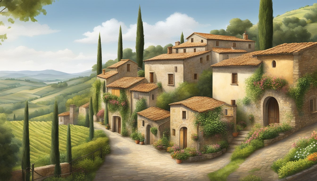 A rustic Italian village with cobblestone streets and vine-covered buildings, nestled in the rolling hills of Tuscany, where the Aldo brand originated