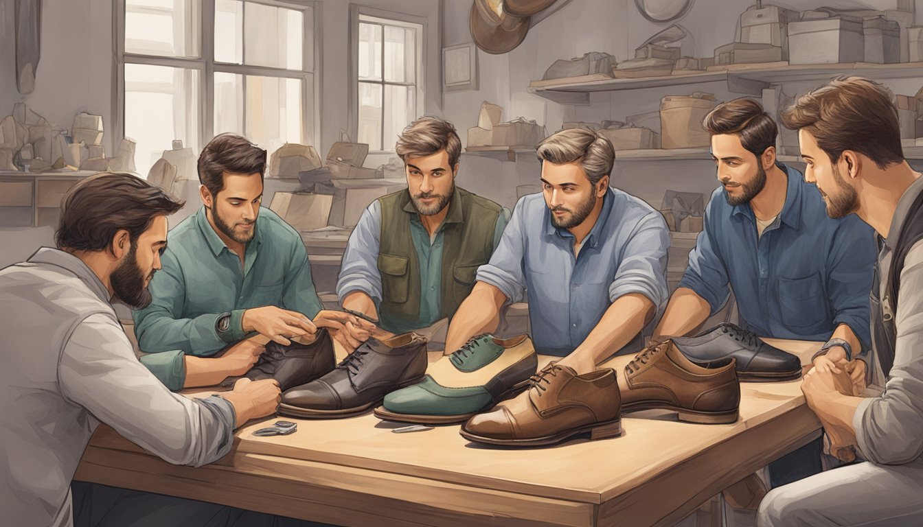 Aldo aldo brand origin: A group of craftsmen gather around a table, discussing designs and materials for their new line of shoes