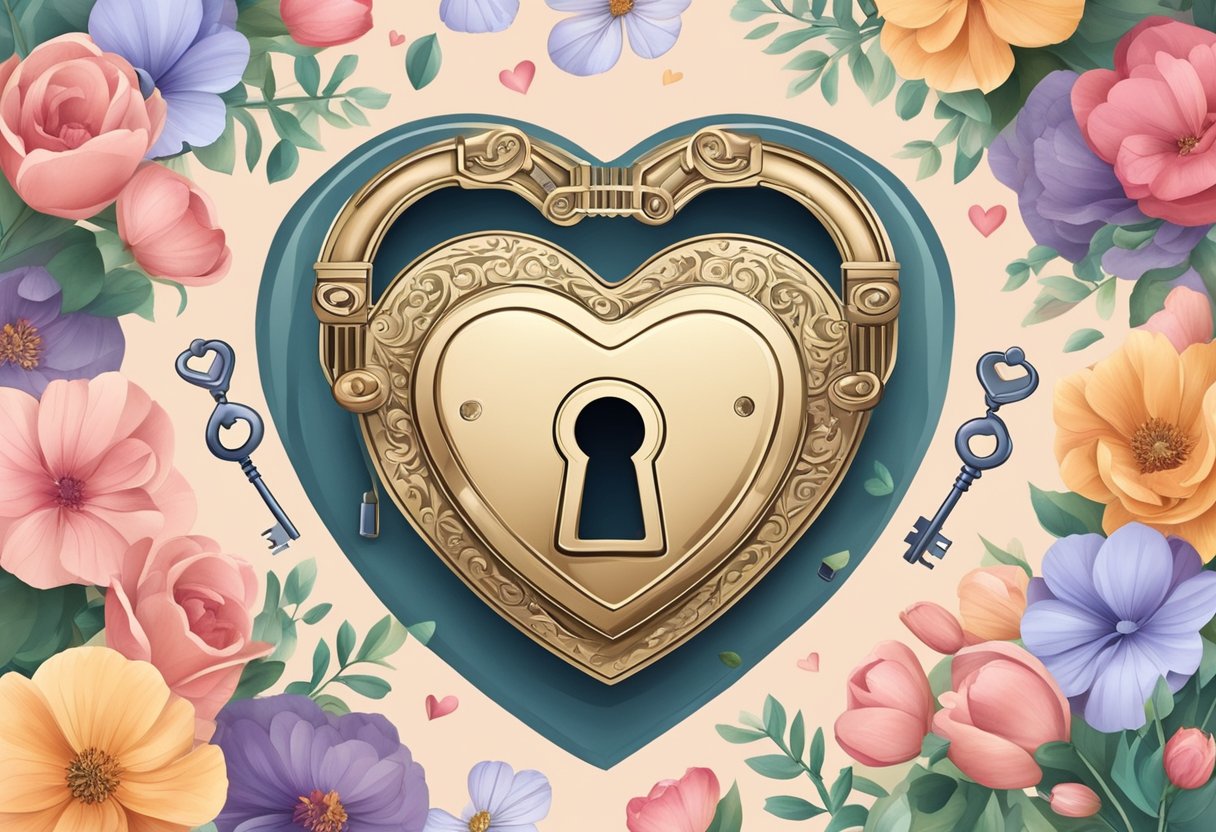 A heart-shaped lock and key symbolizing love and connection, surrounded by romantic elements like flowers and hearts