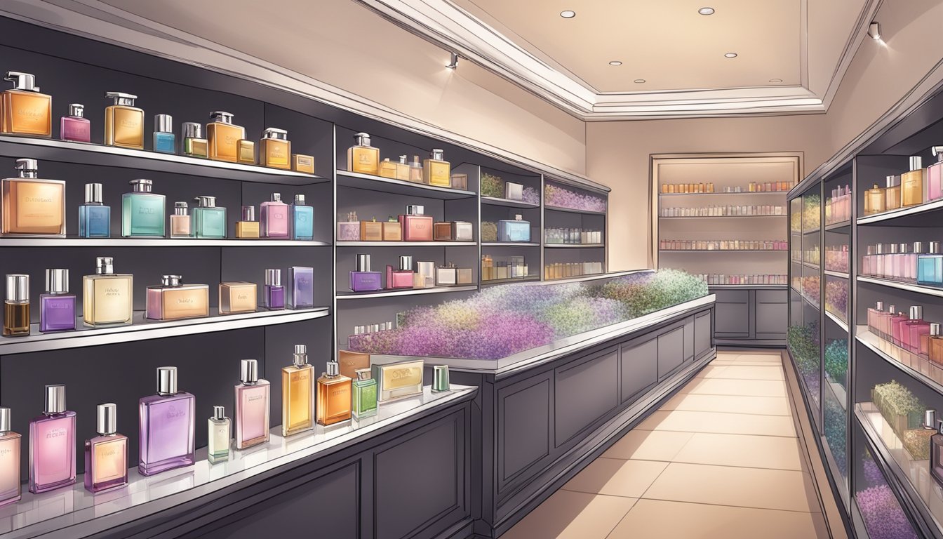 A display of various affordable perfume brands arranged on shelves in a well-lit and elegant fragrance store