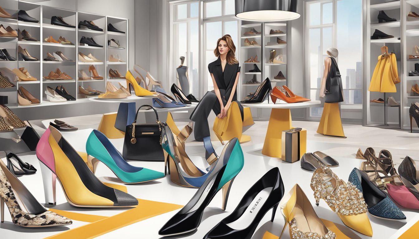 A stylish display of shoes and accessories with a backdrop of fashion magazines and runway images, showcasing the influence of product lines on the origin of the Aldo brand