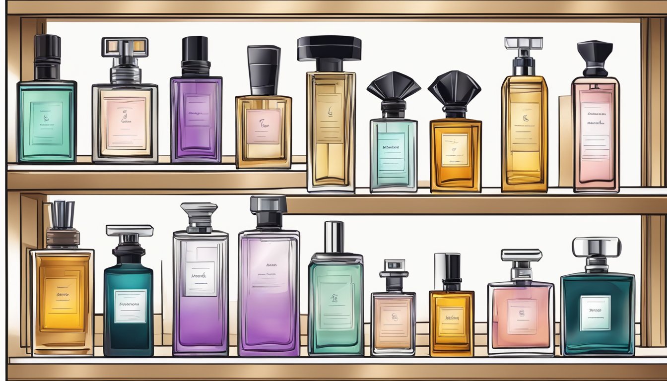 Various perfume bottles with different fragrance profiles and notes displayed on a shelf. Labels indicate affordable brands