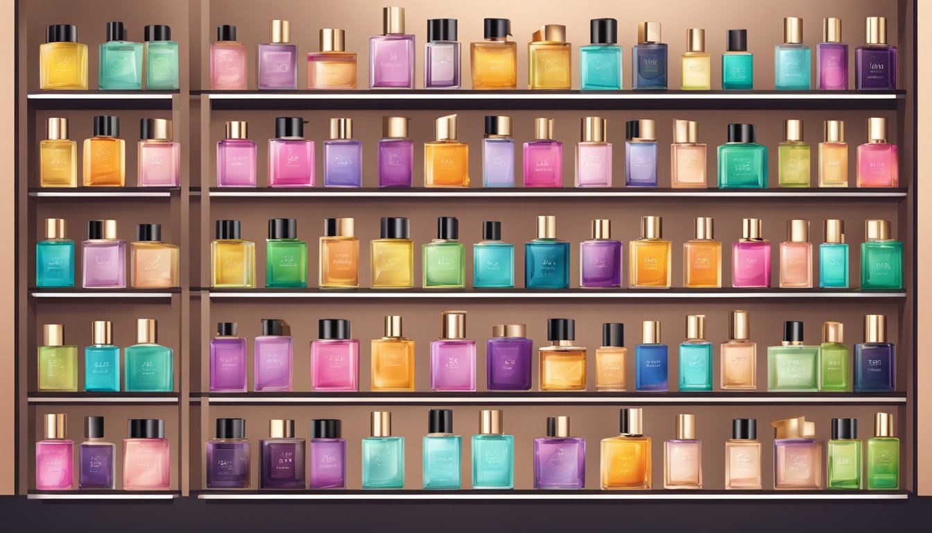 Colorful display of affordable perfume brands for different seasons and occasions, arranged on shelves with price tags