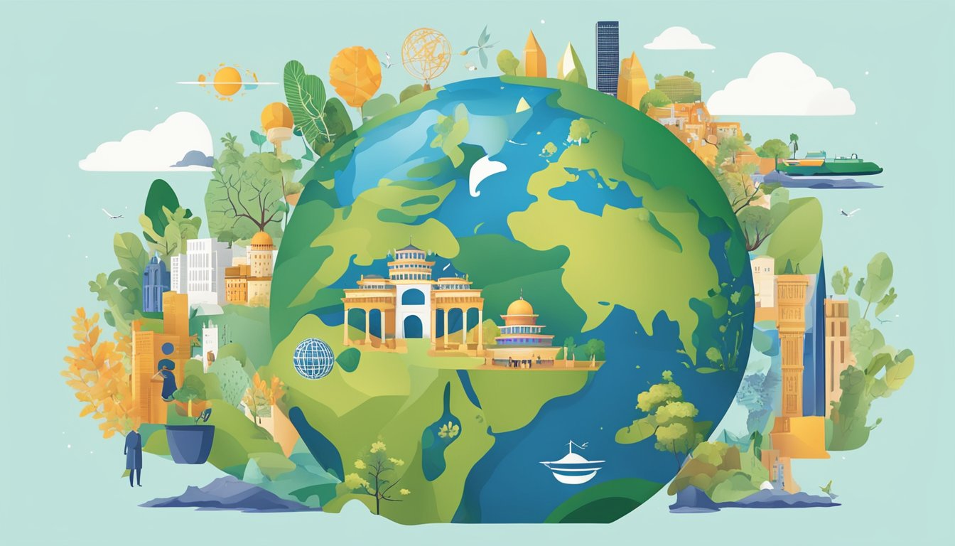 A globe surrounded by diverse cultural symbols, with a tree growing from it, representing Aldo's global brand origin and commitment to corporate responsibility and values