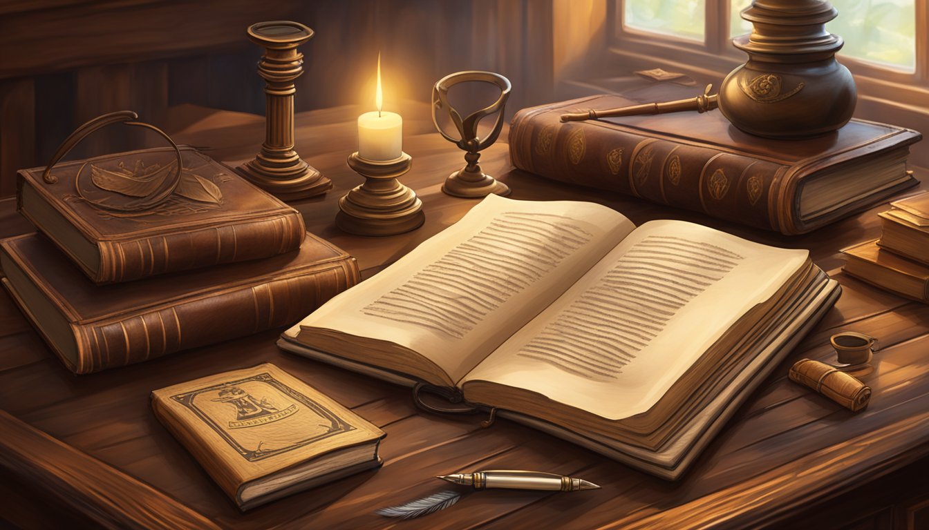 A rustic wooden table with antique leather-bound books, a quill pen, and a family crest. The setting is illuminated by a warm, soft light, creating a sense of history and tradition