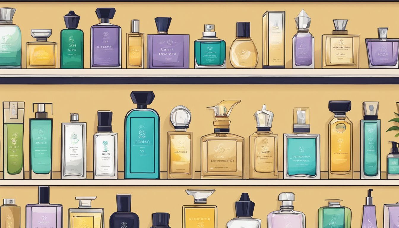 Various affordable perfume brands displayed on shelves, labeled with "Ethical" and "Conscious Consumerism." Bright, eco-friendly packaging and natural ingredients