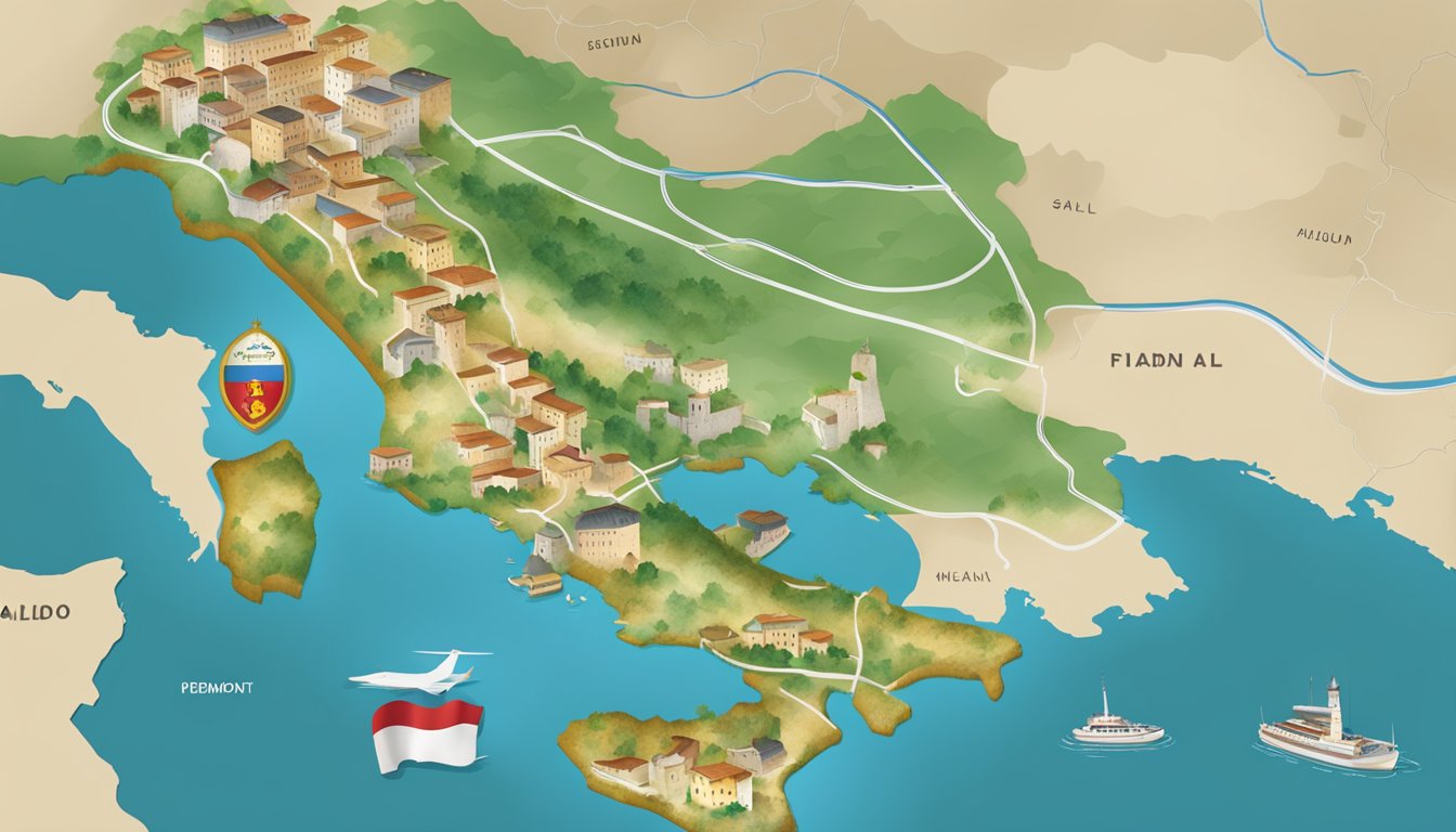 A map of Italy with a spotlight on the region of Piedmont, where Aldo's brand originated. A small flag with the Aldo logo is placed on the map