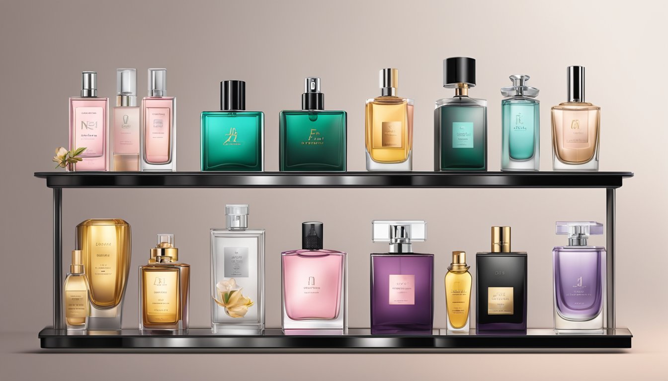 A display of iconic and emerging affordable perfume brands, arranged on a sleek and modern shelf with elegant packaging and enticing scents