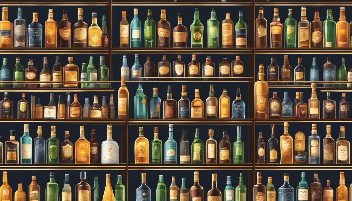 Various liquor bottles arranged on a sleek bar shelf, reflecting the warm glow of the ambient lighting