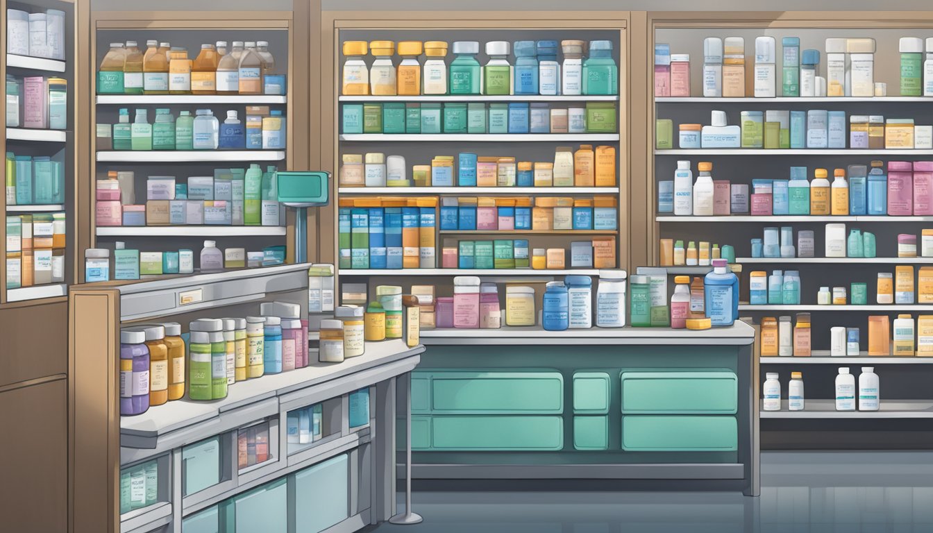 A pill bottle labeled "amlodipine valsartan" sits on a pharmacy counter, surrounded by other medication containers