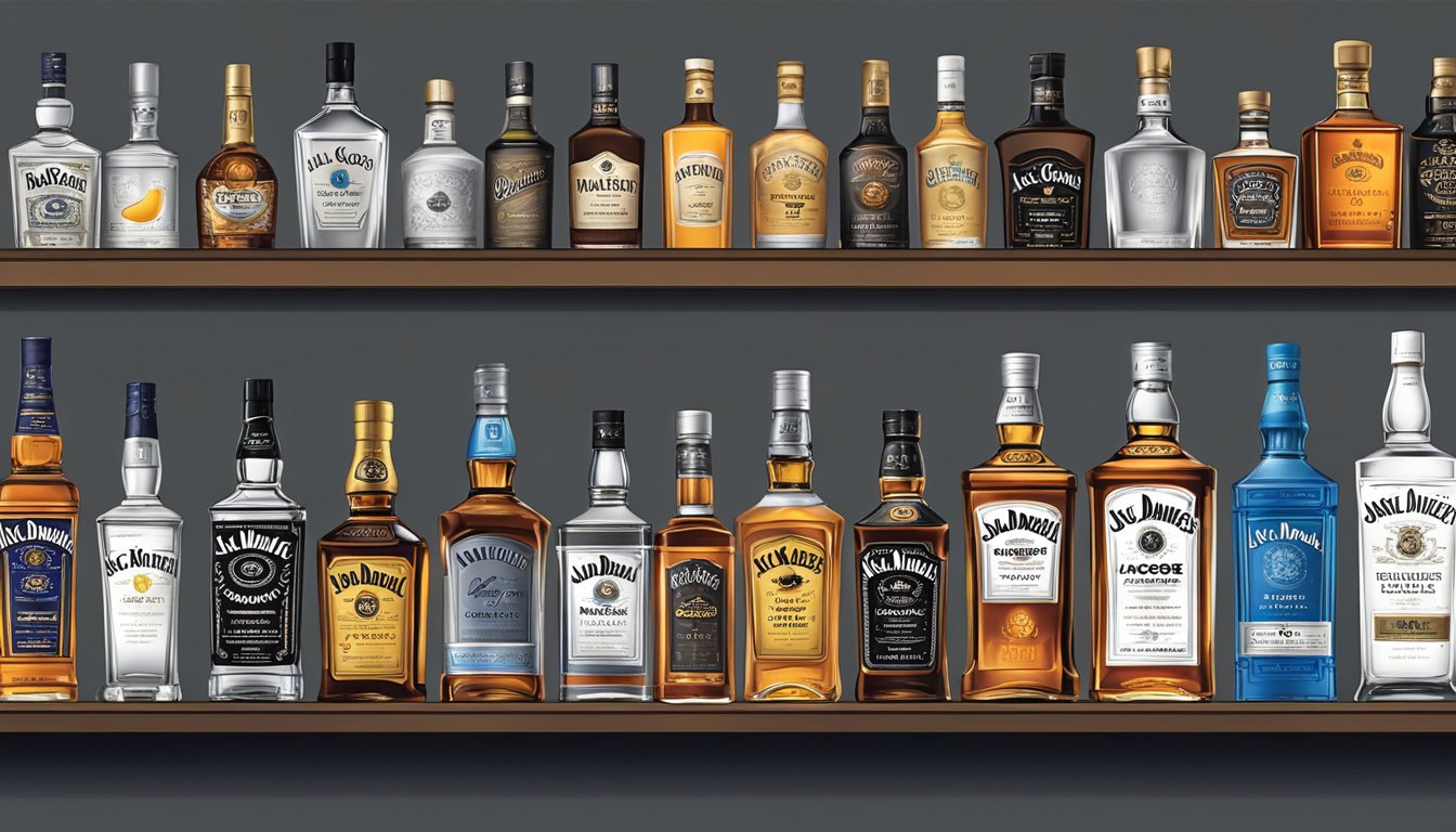 Various liquor bottles lined up on a bar shelf, including leading brands like Jack Daniel's, Grey Goose, and Patron