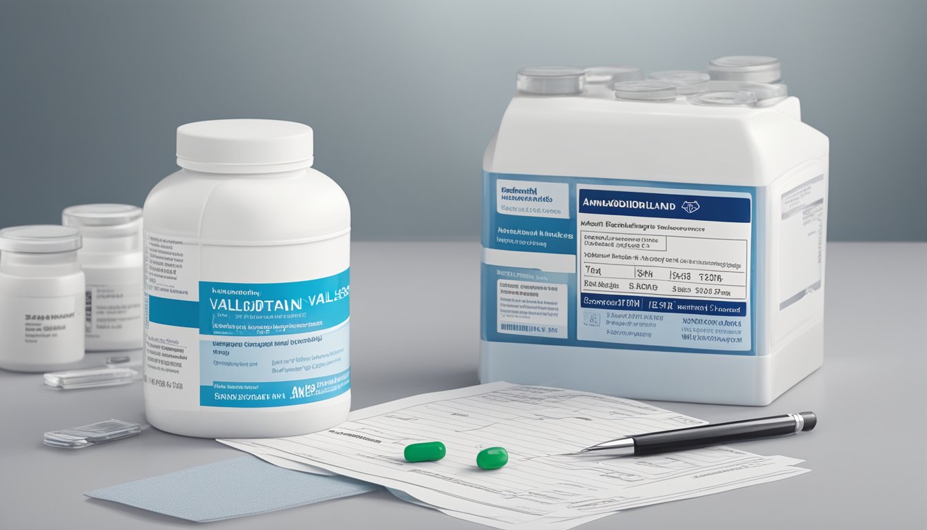 A bottle of amlodipine valsartan sits next to a prescription pad, with the brand name and prescription details clearly visible