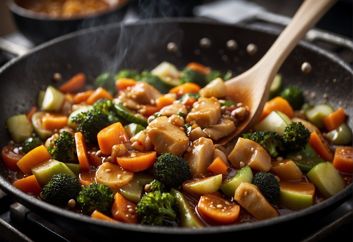 A wok sizzles as vegetables are stir-fried in a savory sauce, creating a thick and aromatic Chinese vegetable gravy