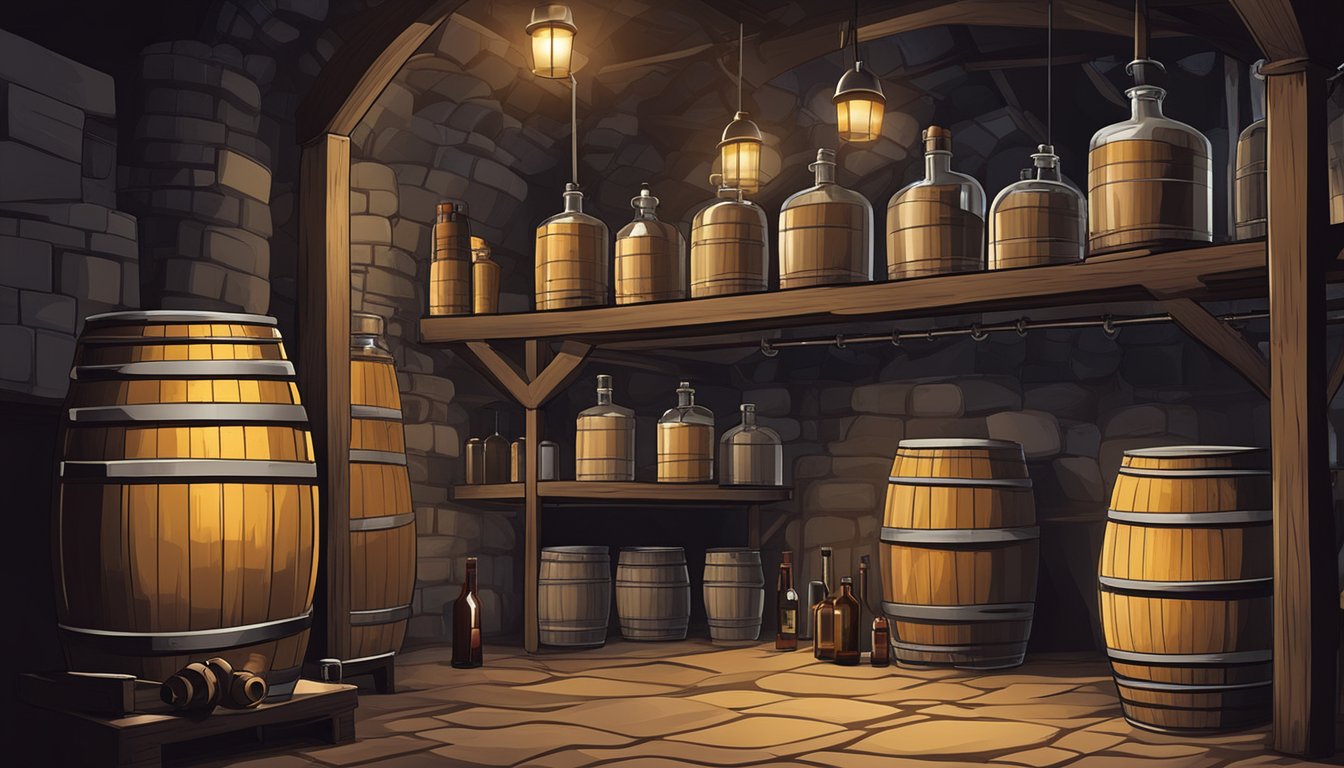 A distillation apparatus with aging barrels and liquor bottles arranged in a dimly lit cellar