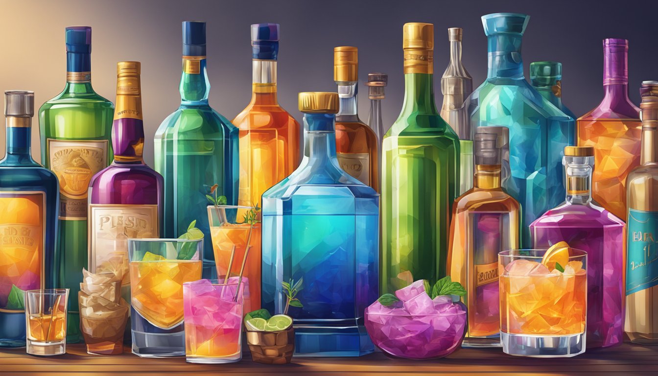 A vibrant bar scene with a variety of unique liquor bottles and colorful cocktail ingredients on display