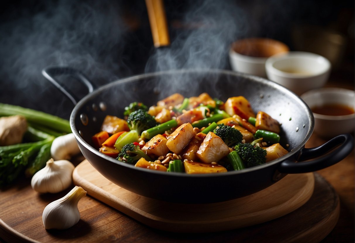 A wok sizzles with soy sauce, ginger, and garlic, as a mix of Chinese vegetables simmers in a savory, thick gravy