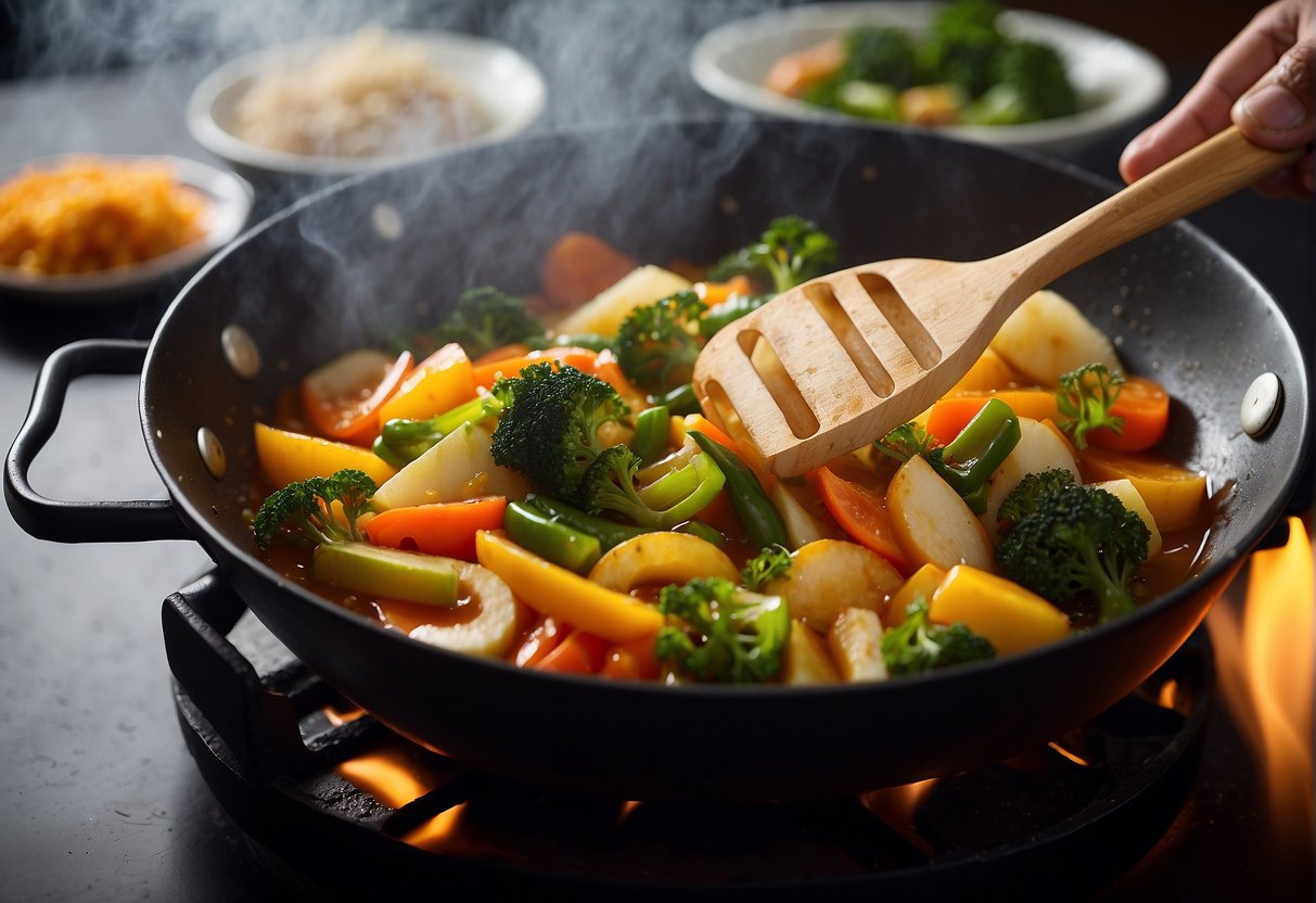 Sizzling wok with stir-fried vegetables in aromatic Chinese gravy. Steam rising, spatula in motion