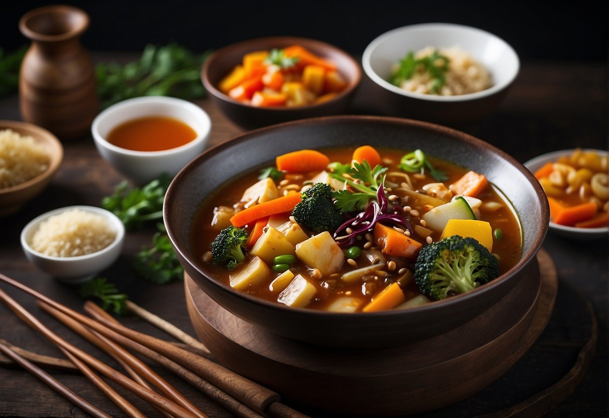 A table set with various Chinese vegetable gravy dishes, steaming and aromatic. Bowls of colorful stir-fried vegetables in savory sauces, surrounded by chopsticks and decorative garnishes