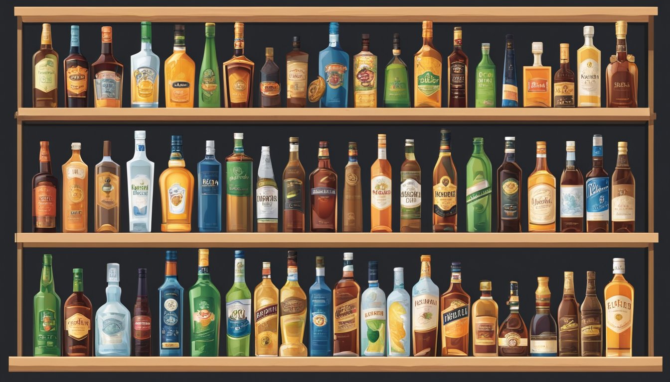 Liquor brands displayed on shelves, with consumers browsing and comparing prices. Trendy packaging and promotional displays catch the eye