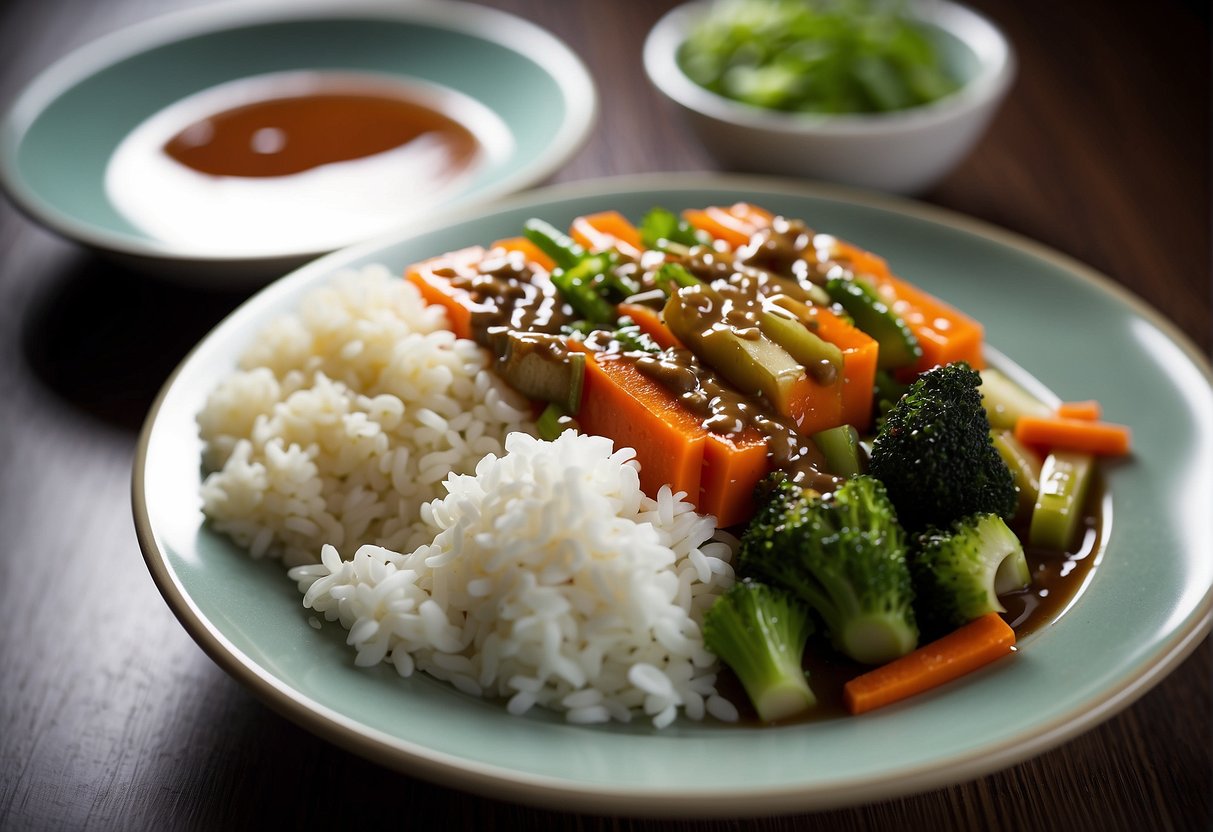 A plate of steamed vegetables drenched in savory Chinese gravy, surrounded by a pair of chopsticks and a bowl of rice