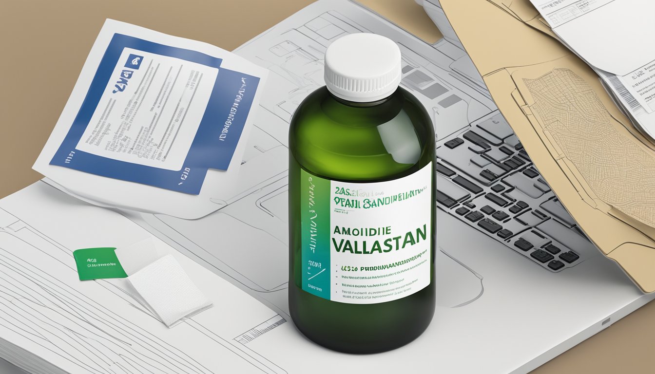A bottle of amlodipine valsartan brand name with a label, surrounded by a stack of informational pamphlets and a computer screen displaying the FAQ section