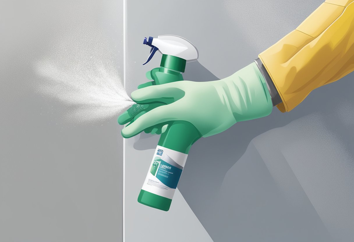 A gloved hand sprays white mold treatment onto a wall covered in mold spores