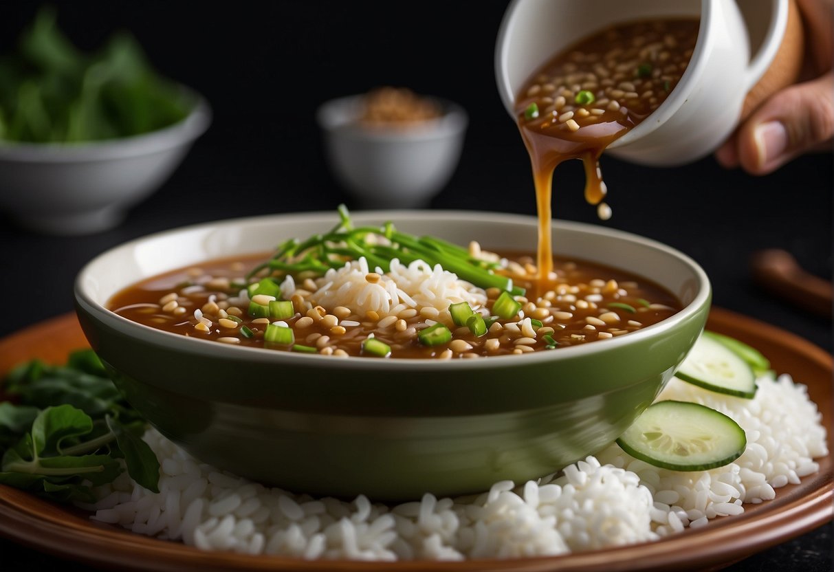 A hand pours Chinese vegetable gravy over a bed of steamed rice. Green onions and sesame seeds are sprinkled on top