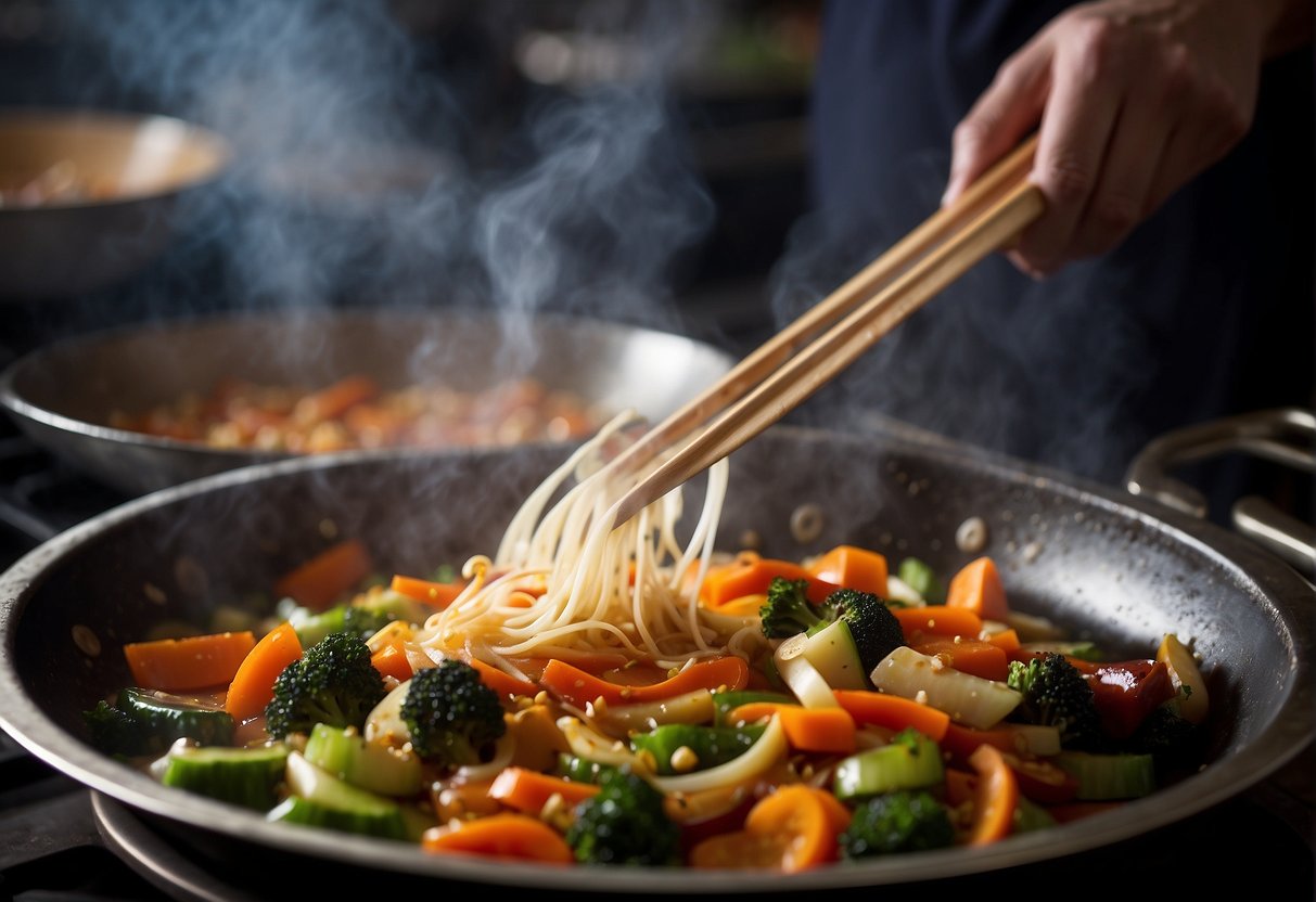 A steaming wok sizzles with vibrant vegetables and savory sauce, as a chef expertly stirs and simmers the fragrant Chinese veg gravy
