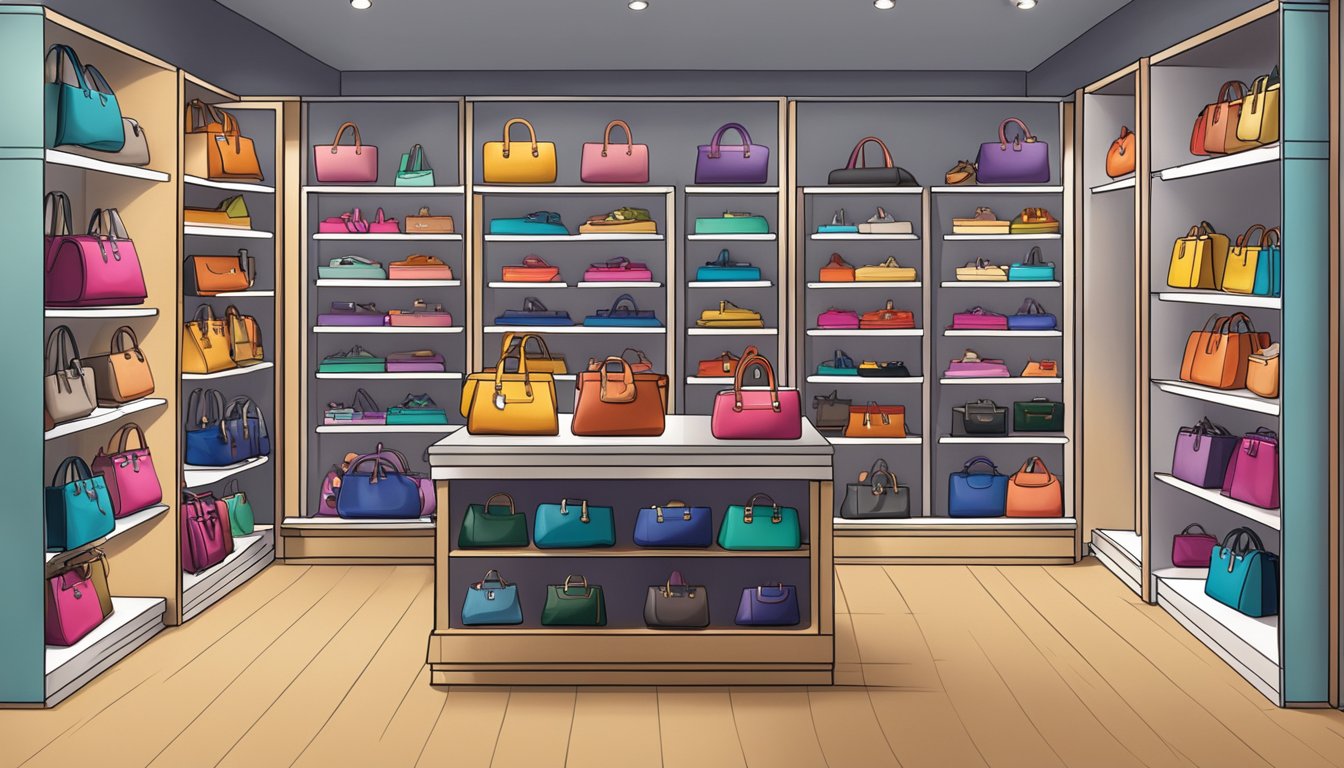A display of American handbag brands, arranged on shelves with colorful designs and various sizes