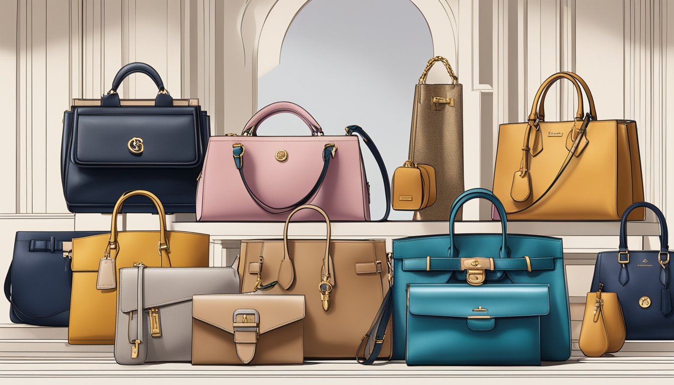 A display of iconic American handbag brands, featuring logos and signature designs, arranged in a stylish and elegant setting