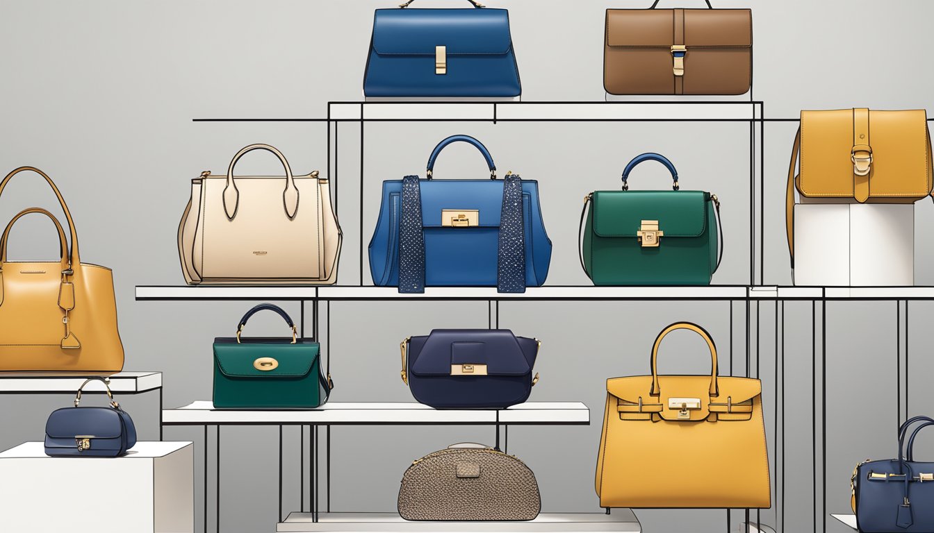 A display of American handbags, showcasing emerging designers and brands, arranged on a sleek and modern display stand