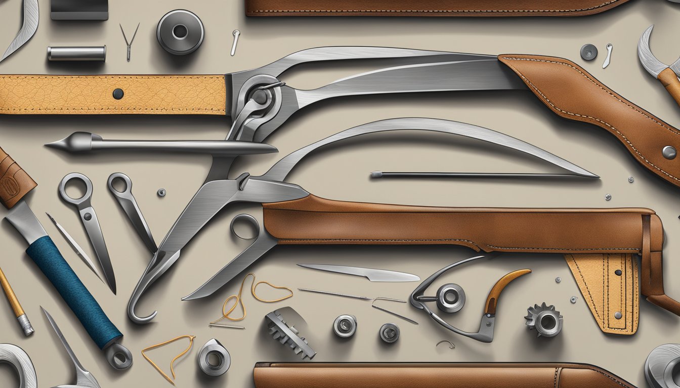 A workbench displays top-quality leather, tools, and meticulous stitching