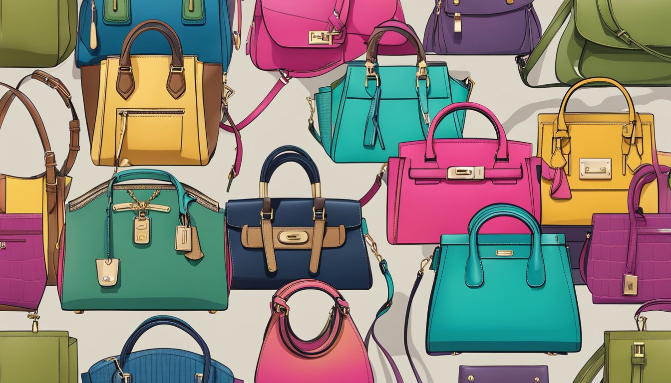 A display of trendy handbags in various colors and designs, showcasing the functionality and fashion-forward styles of American brands