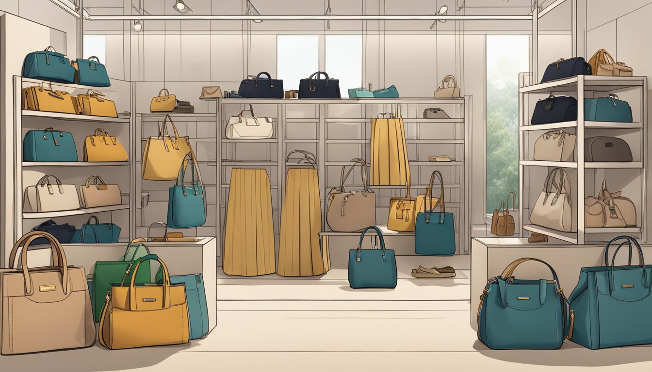 A display of eco-friendly handbags with sustainable materials and ethical production practices, showcasing American brands committed to responsible fashion