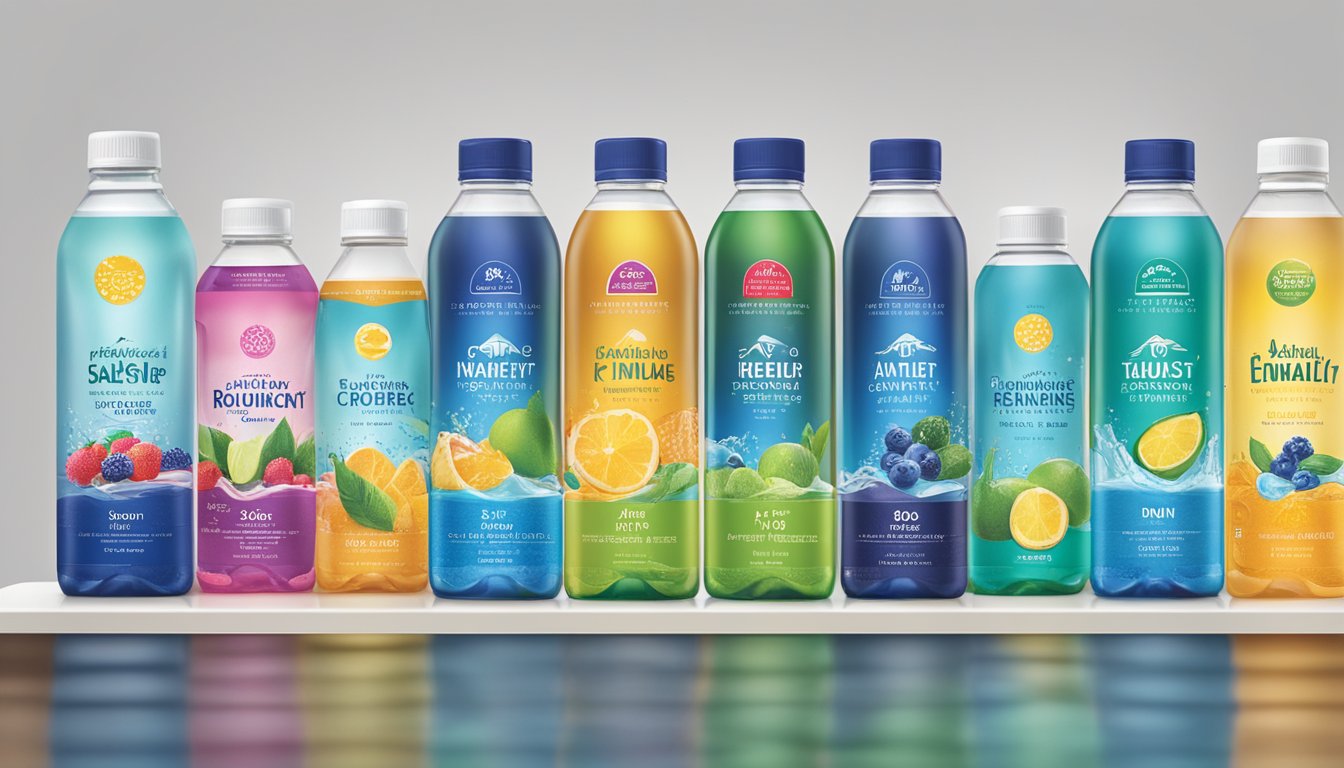 A display of various antioxidant water brands lined up on a shelf, each bottle featuring vibrant and eye-catching labels