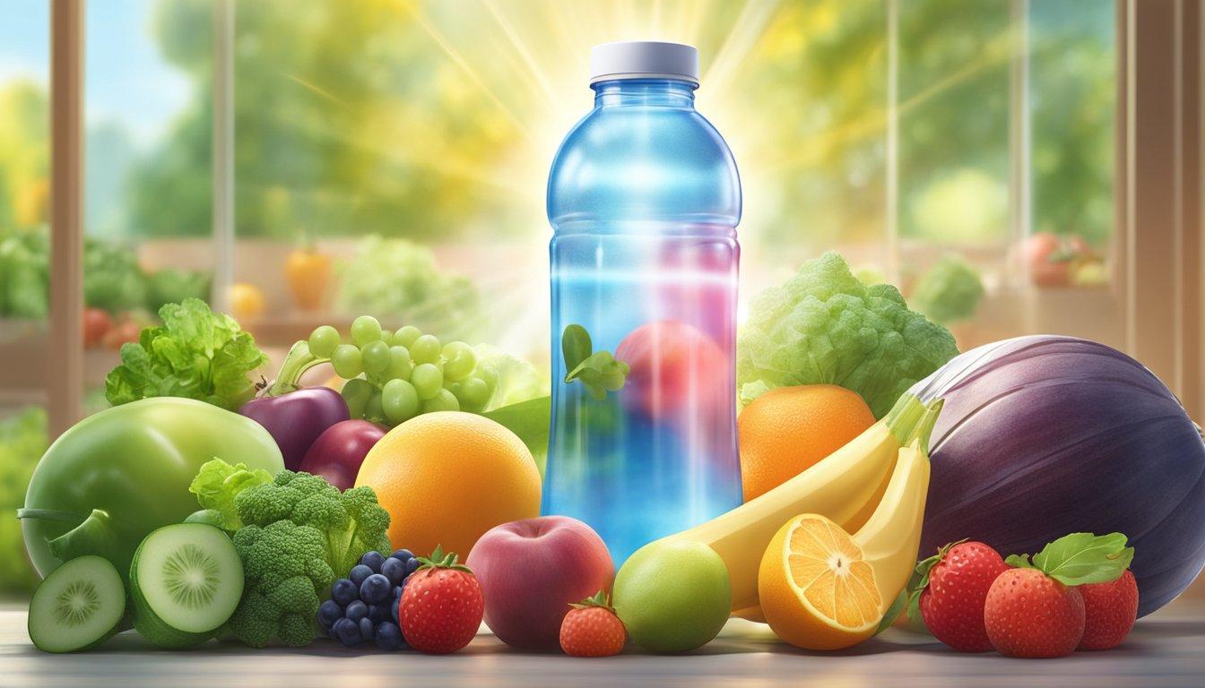 A bottle of antioxidant water stands next to a variety of fresh fruits and vegetables, with rays of sunlight shining down on them