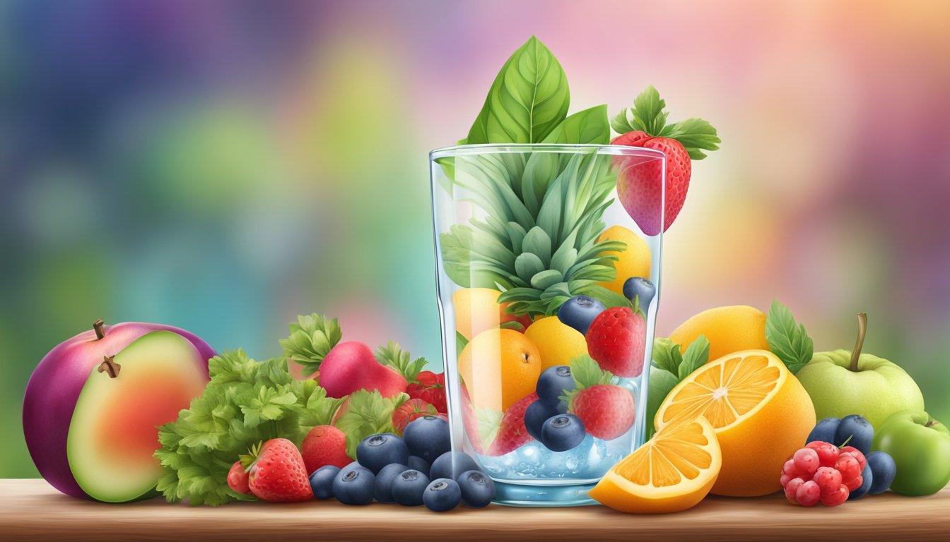 A glass of antioxidant water surrounded by colorful fruits and vegetables, radiating a sense of vitality and health