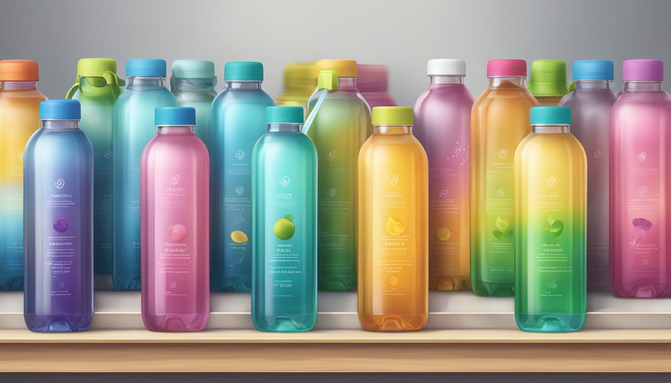 A vibrant display of colorful antioxidant water bottles arranged on a sleek, modern shelf, with labels promoting health and wellness