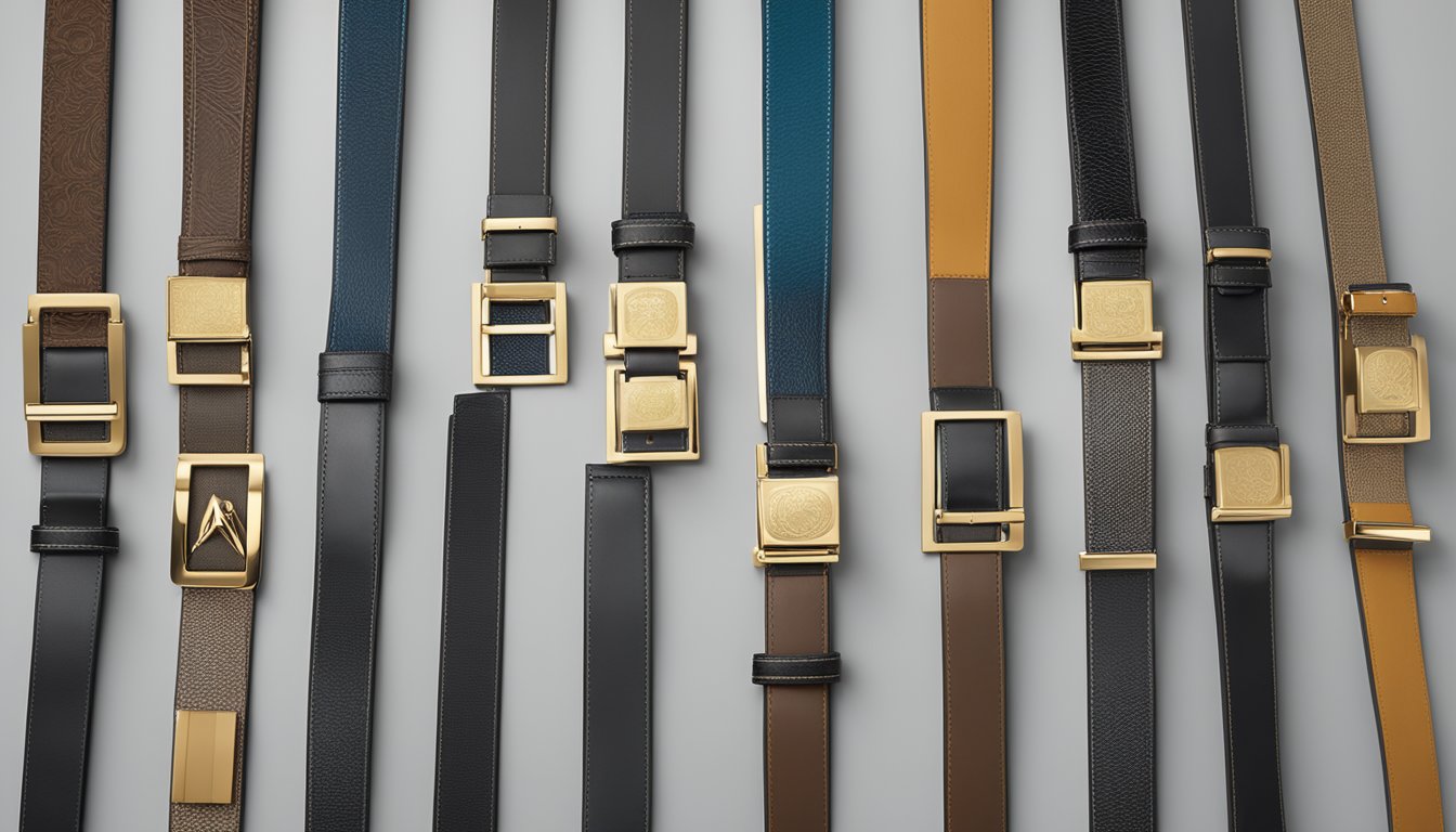 A display of luxury belt brands, lined up on a sleek, polished surface with soft, ambient lighting highlighting their intricate details and high-quality materials