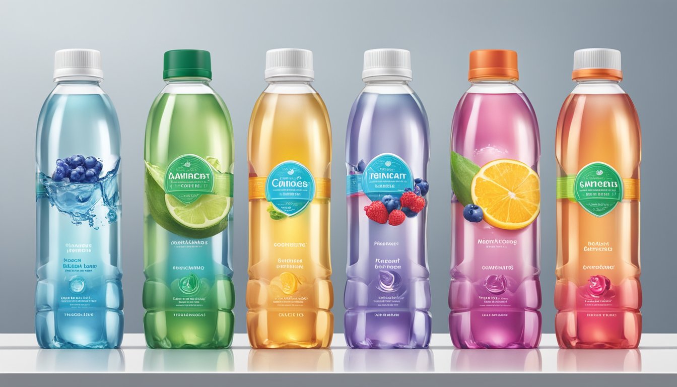 A variety of antioxidant water brands displayed on a shelf, with clear labels and vibrant packaging